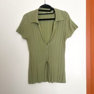 Y2K Vintage Olive Green Ribbed Button-Up Women's Top